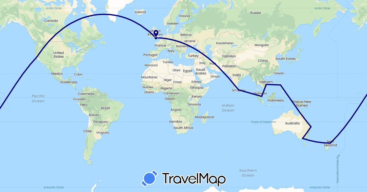 TravelMap itinerary: driving in Australia, United Kingdom, Sri Lanka, New Zealand, Philippines, Singapore, United States, Vietnam (Asia, Europe, North America, Oceania)